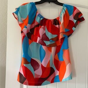 Off the Shoulder Ruffle Detailed Abstract Print Top Medium